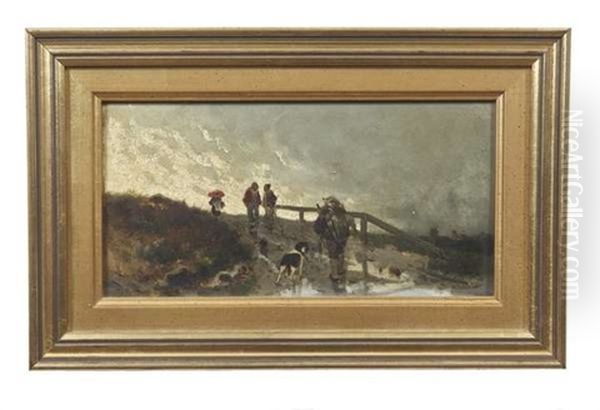 Figures On A Bridge With A Dog Oil Painting by Anton Windmaier the Elder