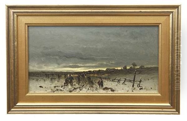 Figures In The Snow By A Village Oil Painting by Anton Windmaier the Elder