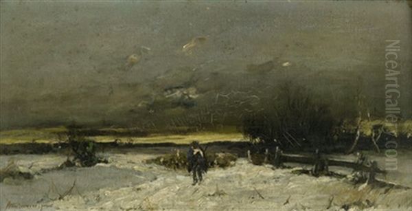 Verschneite Winterlandschaft Mit Schafhirtem (im Dachauer Moos?) Oil Painting by Anton Windmaier the Younger