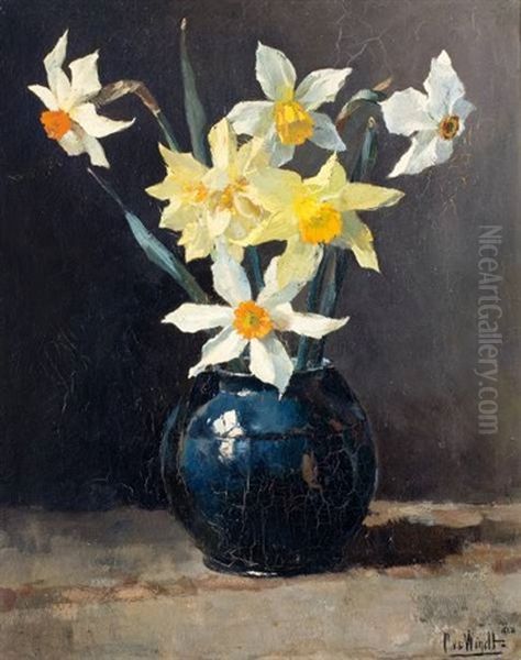 Narcissen In Zwarte Vaas Oil Painting by Chris Van Der Windt