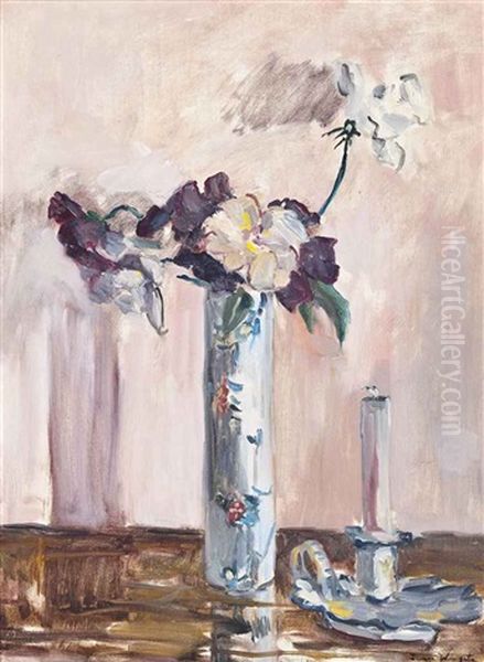 Sweet Peas In A Vase, With A Candlestick Oil Painting by Sir James Lawton Wingate