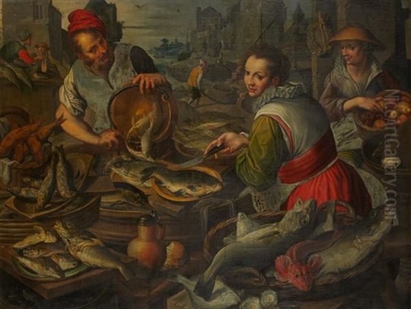 Marche Aux Poissons Ou L'eau, Marche Aux Volailles Ou L'air, Scene De Cuisine Avec Poulets Rotis, Poissons, Fruits Et Legumes Ou Le Feu, Marche Aux Fruits Et Legumes Ou La Terre (set Of 4) Oil Painting by Jeremias van Winghe