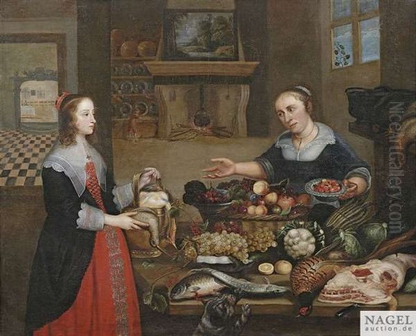 Kucheninterieur Mit Einer Dame Und Einer Dienstmagd Oil Painting by Jeremias van Winghe