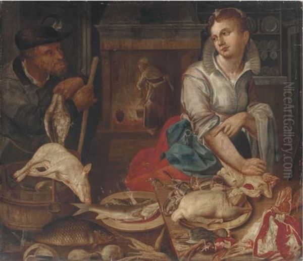 A Kitchen Interior With A Maid Preparing Poultry And Fish And A Gamesman Carrying A Dead Birds Oil Painting by Jeremias van Winghe