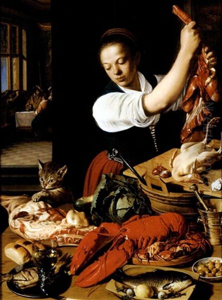 A Kitchen Interior With A Maid Preparing Meat And Gentlemen Drinking At A Table Beyond Oil Painting by Jeremias van Winghe