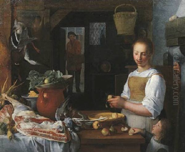 A Kitchen Interior With A Maid And A Child Peeling Apples Oil Painting by Jeremias van Winghe