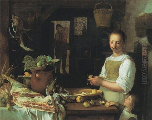 A Kitchen Scene With A Maid And A Young Child Peeling Apples Oil Painting by Jeremias van Winghe