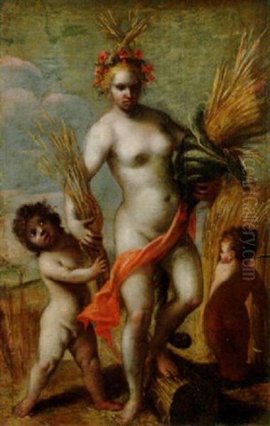 Allegorie Auf Den Sommer. Ceres Mit Zwei Putten by Jeremias van Winghe