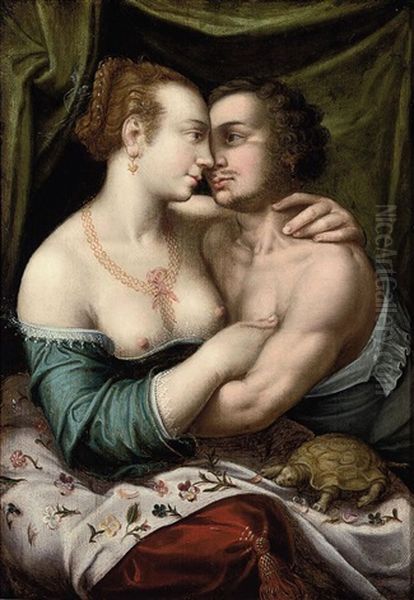 An Amorous Couple In An Interior With A Tortoise Oil Painting by Joos van Winghe