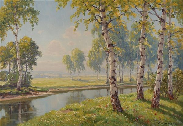 Flusslandschaft Im Birkenwald Oil Painting by Carl Alexander von Winkler