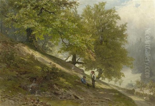 Zwei Wanderer In Waldlandschaft Oil Painting by Olof Winkler