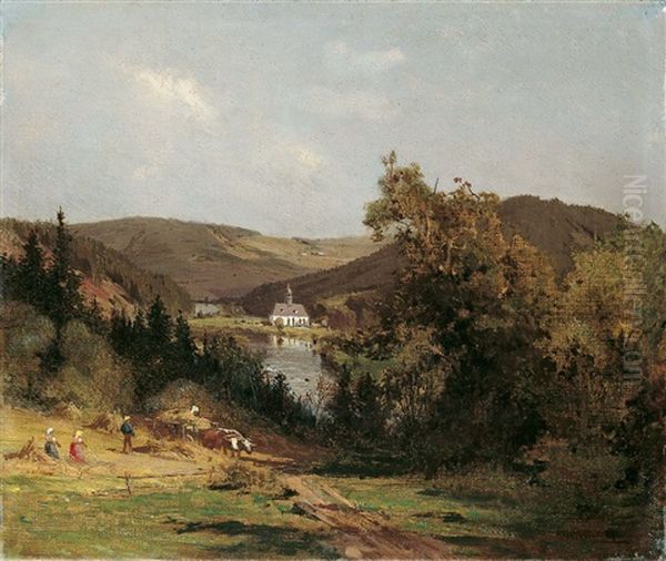 Flusslandschaft, Im Vordergrund Bauern Bei Der Heuernte Oil Painting by Olof Winkler