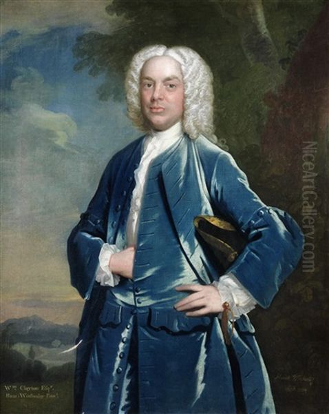 Portrait Of William Clayton, Three-quarter-length, In A Blue Velvet Coat Oil Painting by Hamlet Winstanley