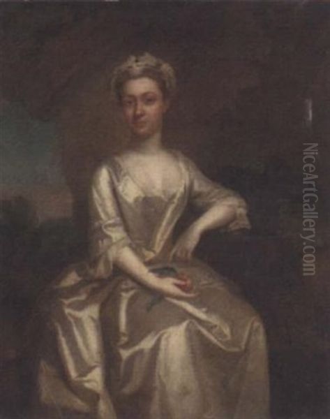 Portrait Of A Lady In A White Silk Dress And White Cap, Holding A Peach In A Landscape Oil Painting by Hamlet Winstanley