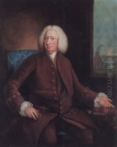 Portrait Of John Blackburn Of Orford Hall, Seated, Pointing To A Copy Of Linnaeus, With A View Of A Greenhouse Beyond by Hamlet Winstanley