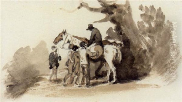 Gypsy Boys Gathering Round A Horseman Oil Painting by Peter de Wint