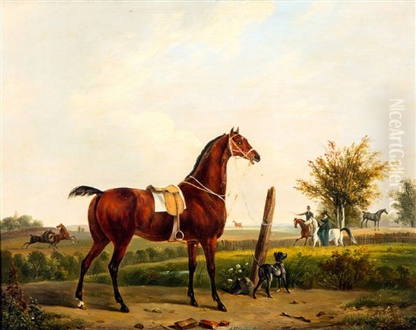 Gezadeld Renpaard, In De Achtergrond Een Amazone En Ruiter Oil Painting by Abraham Hendrik Winter