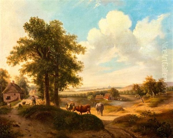 Weids Landschap, Een Dorp Aan De Horizon En Herder En Vee Op Voorgrond Oil Painting by Abraham Hendrik Winter