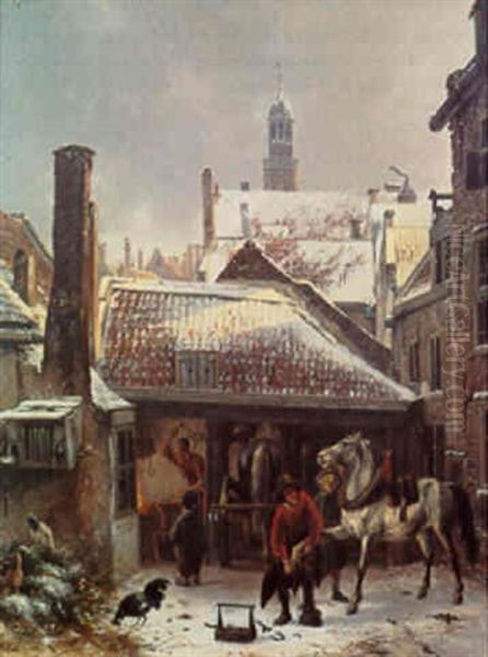 Winter: A Blacksmith At Work In A Yard, With The Buurtkerk, Utrecht, Beyond Oil Painting by Abraham Hendrik Winter