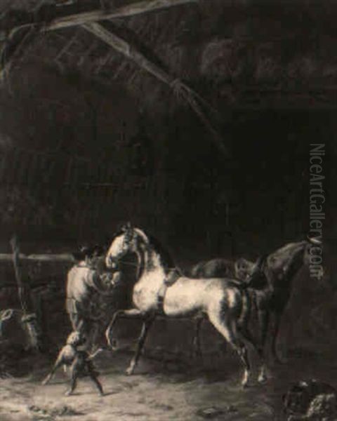 Horses In A Stable Oil Painting by Abraham Hendrik Winter