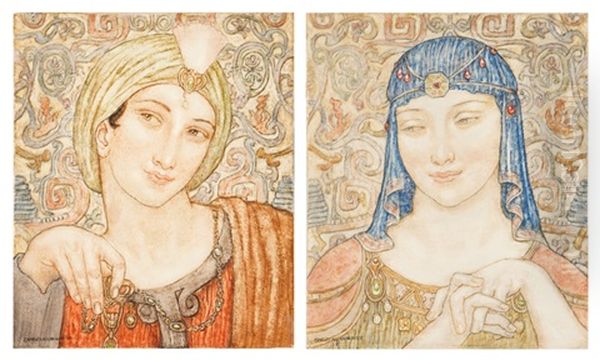 Two Portraits From One Thousand And One Nights Or Arabian Nights, Likely Nur Al-din Ali And The Damsel Anis Al-jalis, Each: Oil Painting by Charles Allen Winter