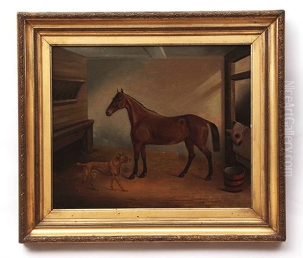 Horse And Dog In Stable Interior Oil Painting by Cornelius Jason Walter Winter