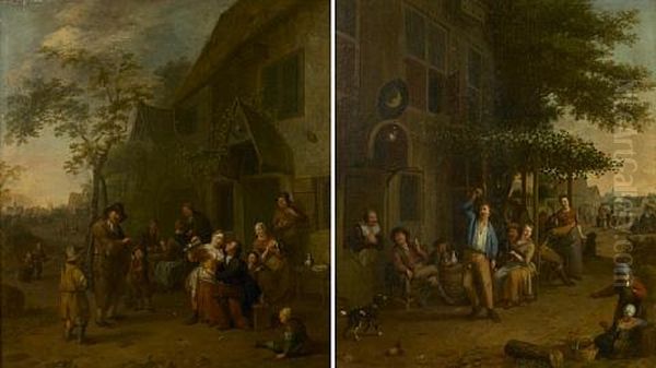 Figures Merry-making Outside An Inn (+ Figures In A Landscape; Pair) Oil Painting by Gillis de Winter