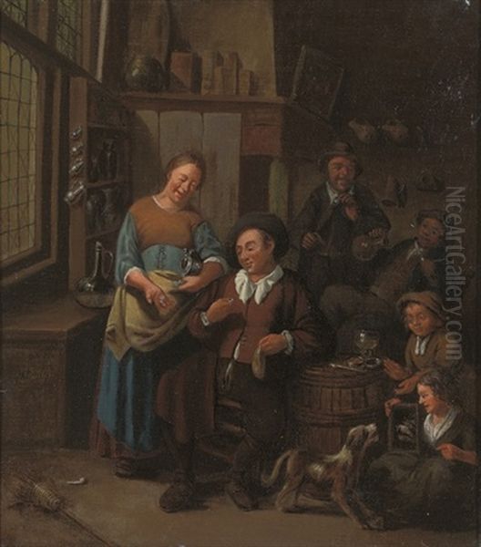 A Tavern Interior, With Boors Smoking And Drinking, And A Girl With A Dog Oil Painting by Gillis de Winter