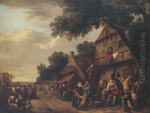 A Crowded Village Scene With Figures Drinking Before An Inn, A Play Being Staged On The Left by Gillis de Winter