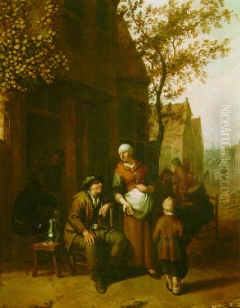 A Village Street With Peasants Drinking Outside An Inn Oil Painting by Gillis de Winter