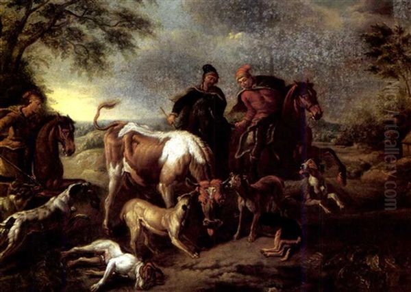 A Hunting Party Surrounding A Bull For The Kill Oil Painting by Joseph Georg Winter