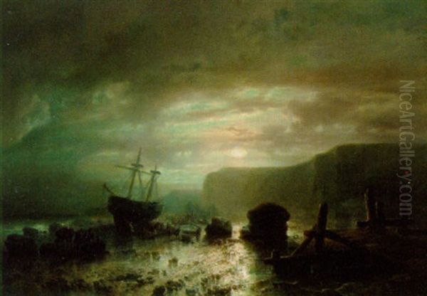 Salvaging The Wreck By Moonlight Oil Painting by Louis De Winter