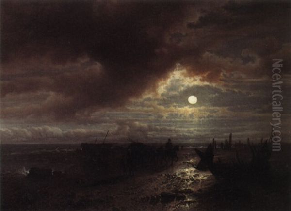 Collecting Seaweed By Moonlight Oil Painting by Louis De Winter