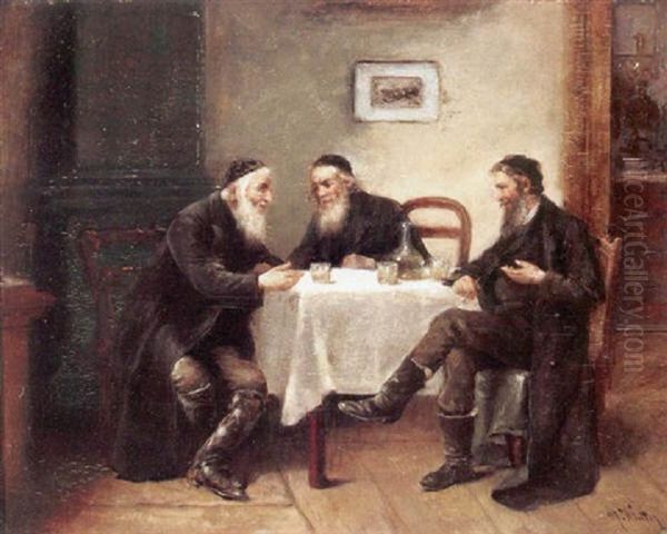 An Interior With A Rabbi And Other Figures Gathered At A Table Oil Painting by Pharaon Abdom Leon de Winter