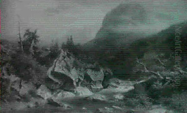 Gebirgsbach Zwischen Felsen Im Alpental Bei Sich Zusammen-  Brauendem Unwetter Oil Painting by Friedrich Wilhelm von Winterfeldt