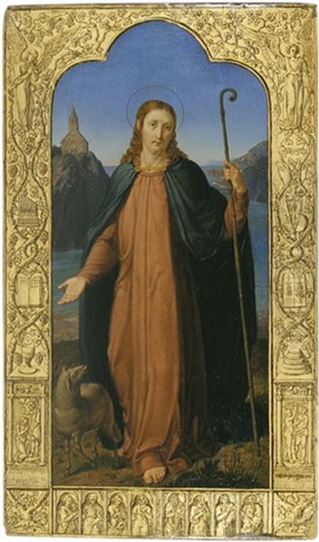 Christus Als Guter Hirte. Darstellung Eingefasst Mit Szenenreicher Bordure Biblischer Themen Uber Goldenem Grund Oil Painting by Joseph Wintergerst