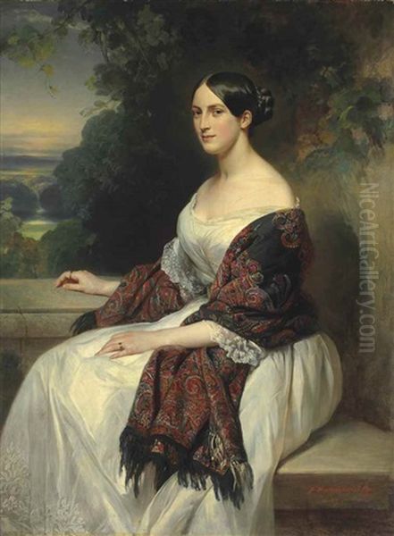 Portrait Of Mrs Ackermann, Three-quarter Length, Seated In A Landscape Oil Painting by Franz Xaver Winterhalter