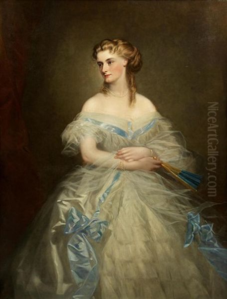 Portrait Of A Lady, Three Quarter Length, In White Chiffon Dress With Turquoise Trim, Holding A Fan In Her Left Hand, The Wife Of Sir Robert Caulfield Oil Painting by Franz Xaver Winterhalter