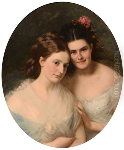 A Double Portrait Of Two Young Ladies, Half Length Oil Painting by Hermann Winterhalter