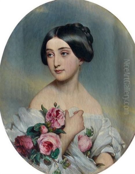 Portrait Presume De La Reine Victoria Jeune Tenant Des Roses Oil Painting by Hermann Winterhalter