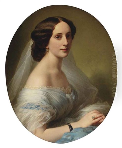 Portrait Of A Young Woman In A Blue Silk Dress Oil Painting by Hermann Winterhalter