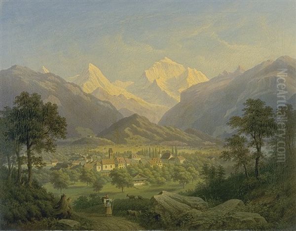 Blick Auf Unterseen Und Das Jungfraumassiv Oil Painting by Anton Winterlin