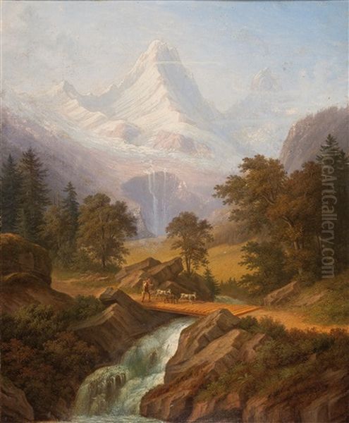 Der Schmadribach Mit Blick Auf Das Breithorn - Im Vordergrund Ein Bauer Mit Ziegen Oil Painting by Anton Winterlin