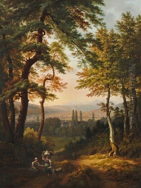 Blick Aus Einer Waldlichtung Oberhalb Riehen Gegen Lorrach Und Schloss Rotelen by Anton Winterlin