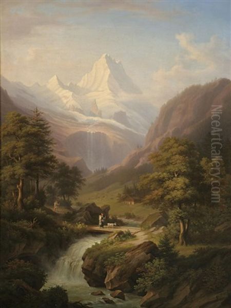 Jungfraumassiv Mit Wasserfall Oil Painting by Anton Winterlin