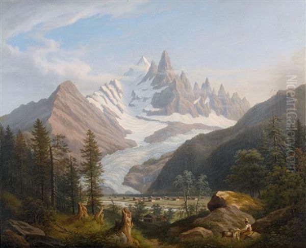 Blick Auf Les-praz-de-chamonix Und Die Aiguille Du Dru Oil Painting by Anton Winterlin