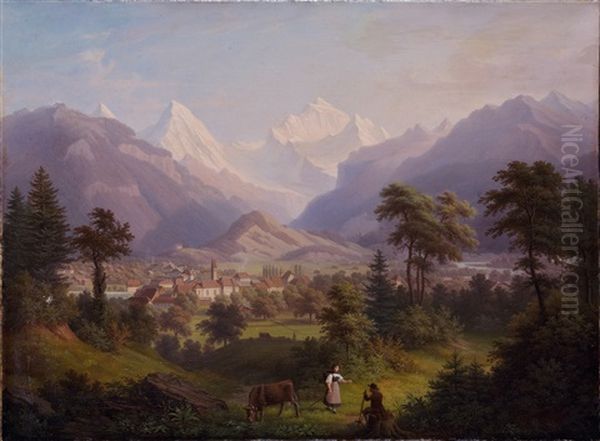 Unterseen Mit Sicht Auf Die Jungfrau Oil Painting by Anton Winterlin