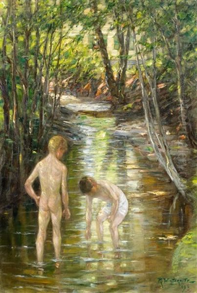 Zwei Badende Jungen Im Fluss Oil Painting by Richard Winternitz