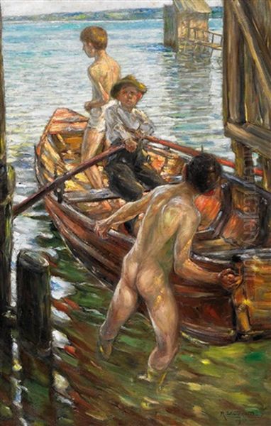 Im Sommer. Drei Jungen Im Ruderboot Oil Painting by Richard Winternitz