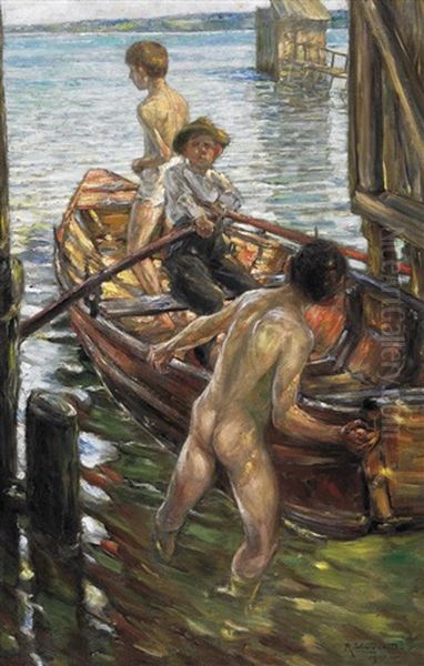 Drei Jungen Im Ruderboot Oil Painting by Richard Winternitz